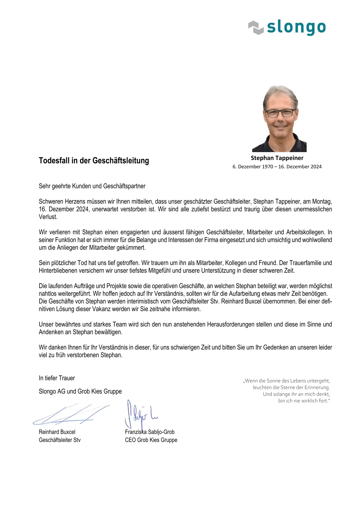 Information Geschaeftspartner Todesfall Stephan